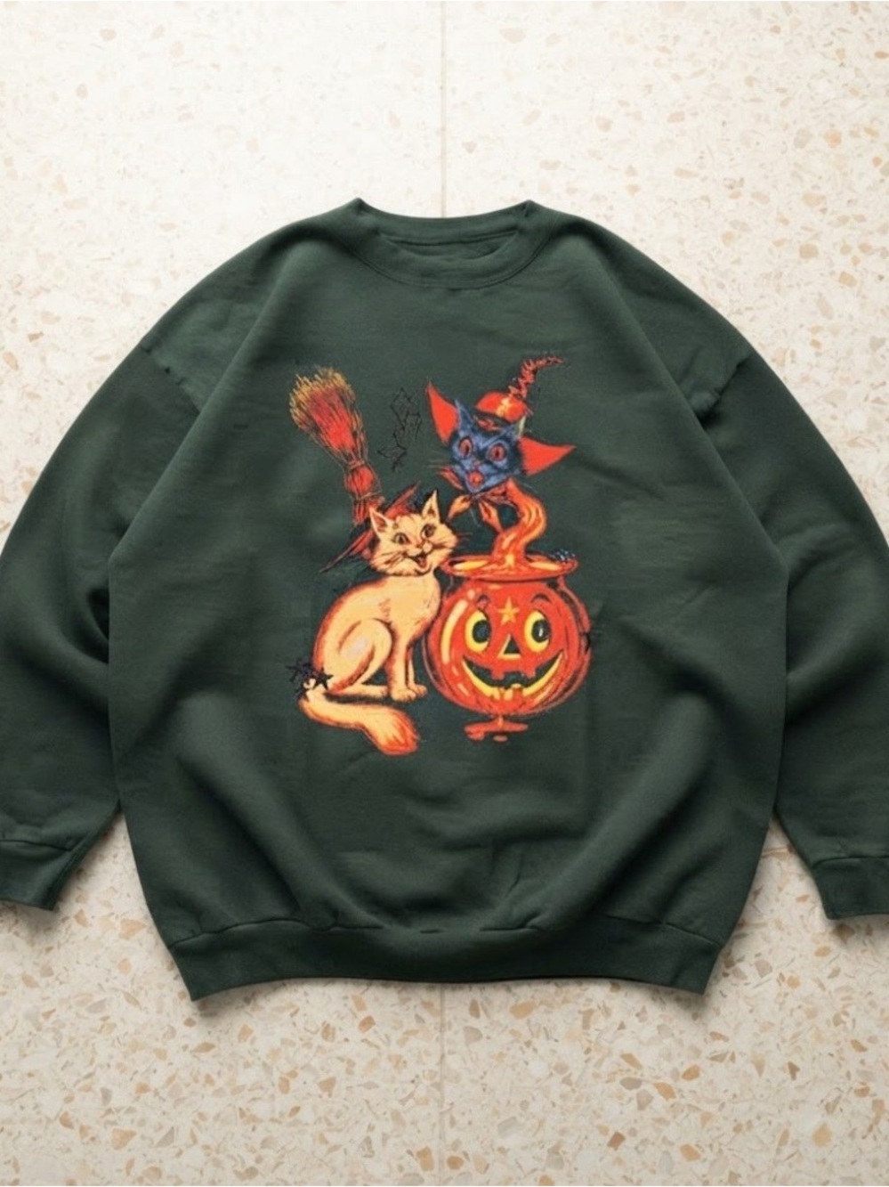 Spooky Black Cat Pumpkin Cotton Gildan Sweatshirt Forest Green